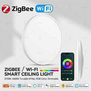투야 스마트 LED 천장등 WiFi 또는 지그비 RGBCW 천장 조명 (Z2M 알렉사 에코 음성 제어 지원) 원형 천장 조명 실내 장식