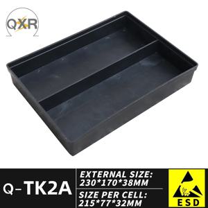 ESD Q-TK2A 플라스틱 팔레트 칸막이 격자형 트레이, 230X170X38mm, 검정색, 정전기 방지, 이중 구역, ESD 안전 부품 트레이