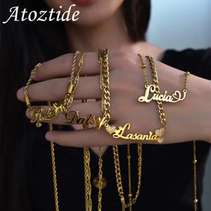 Atoztide 여성을위한 맞춤형 맞춤형 이름 목걸이 스테인레스 스틸 웨이브 체인 Collares 펜던트 어머니 키즈 쥬얼리 선물
