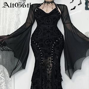 AltGoth 할로윈 고딕 메쉬 작업복 여성 빈티지 streetwear 마녀 bat 슬리브 크롭 블라우스 섹시한 코스프레 의상 femme