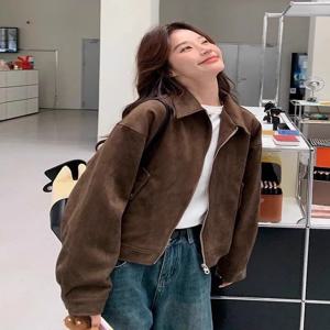 레트로 스타일 여성용 짧은 스웨이드 재킷 커피색 한국 스타일 가을 코트 지퍼 포켓 폴리에스터 섬유 방풍
