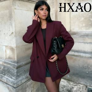 HXAO 버건디 자켓 블레이저 여성용 긴팔 수트 자켓 오피스룩 더블 브레스티드 롱 블레이저 여성 시크 오버사이즈 블레이저
