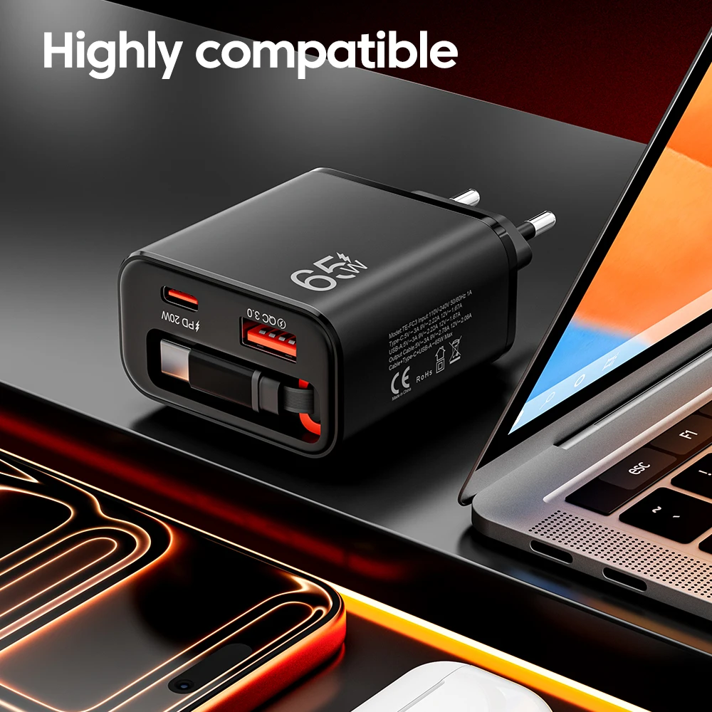 65W 초고속 충전 USB 휴대폰 충전기, 아이폰 샤오미용 접이식 초고속 충전 타입 C 케이블 포함, USB PD 벽면 충전기