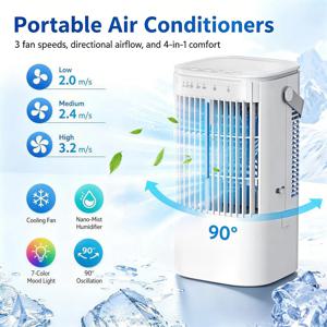 7색 야간 조명이 있는 휴대용 냉풍기, 900ml 대용량, USB 인터페이스, 거실, 침실 등에 적합