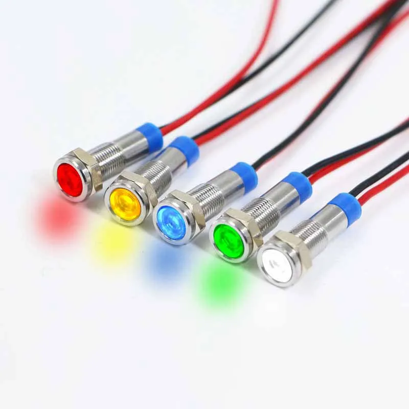 6mm LED 방수 금속 표시등 신호등(와이어 포함) 6V -12V -24V 24V 220V 빨간색/노란색/파란색/녹색/흰색 금속 버튼