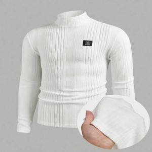 남성용 하이넥 풀오버 스웨터, 솔리드 스트라이프 긴팔 캐주얼 핏 티셔츠 (가을/겨울 시즌용)