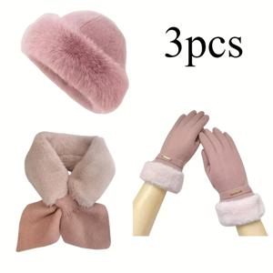 추운 날씨에 적합한 두꺼운 장갑, 스카프, 모자로 구성된 여성용 3피스 겨울 세트로, 겨울에는 장갑과 모자를 추가로 착용할 수 있습니다.