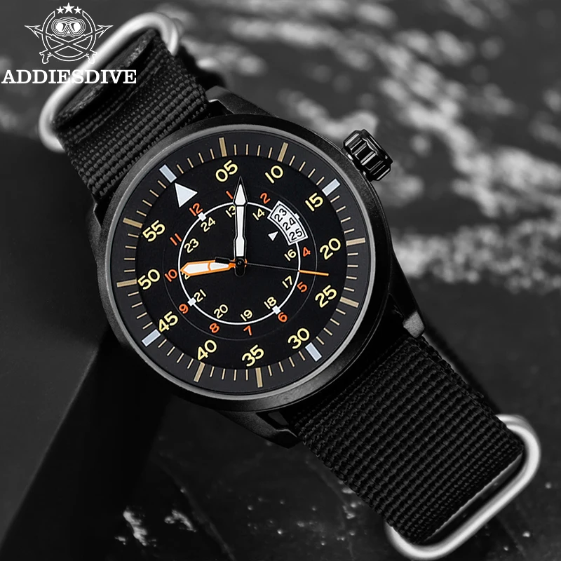 ADDIESDIVE 44mm 남성용 패션 쿼츠 시계 50m 방수 발광 시계 대형 다이얼 고품질 나일론 스트랩 남성용 아날로그 시계