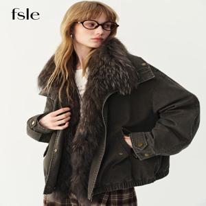 FSLE 2026 겨울 여성용 라쿤 털 칼라 다운 파카 재킷, 복고풍 후드, 두툼하고 따뜻하며 방풍 기능이 있는 빈티지 스타일의 스트리트 아우터 코트
