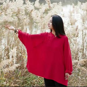 여성용 면 소재 오버사이즈 블라우스, 봄/가을용, 중국 스타일, 루즈핏, 캐주얼 스타일, 배트윙 소매, 긴 기장, 플러스 사이즈 블라우스