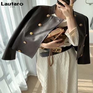 Lautaro-봄 가을 짧은 브라운 블랙 인조 가죽 자켓, 여성 더블 단추, 고품질 루즈한 럭셔리 디자이너 패션