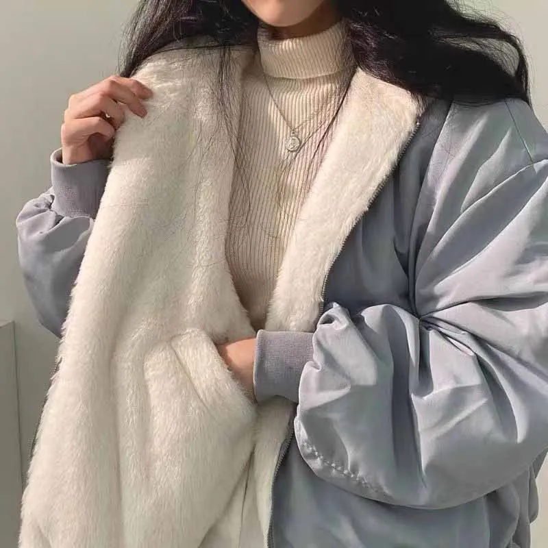 Lucyever 여성용 양털 따뜻한 재킷, 지퍼 후드 파카 코트, 느슨한 두꺼운 보온 외투, 가을 겨울 신상