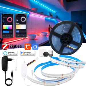 Tuya Zigbee 3.0 고밀도 유연한 COB RGBCCT 테이프 DC24V 6Pin 840led/m Led 스트립 라이트 Alexa Smartthings용 스마트 컨트롤