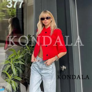 KONDALA 여성 하이 스트리트 레드 짧은 블레이저 우아한 통근 세련된 반팔 블레이저 새로운 2026 여름 유행 여성 레저 블레이저