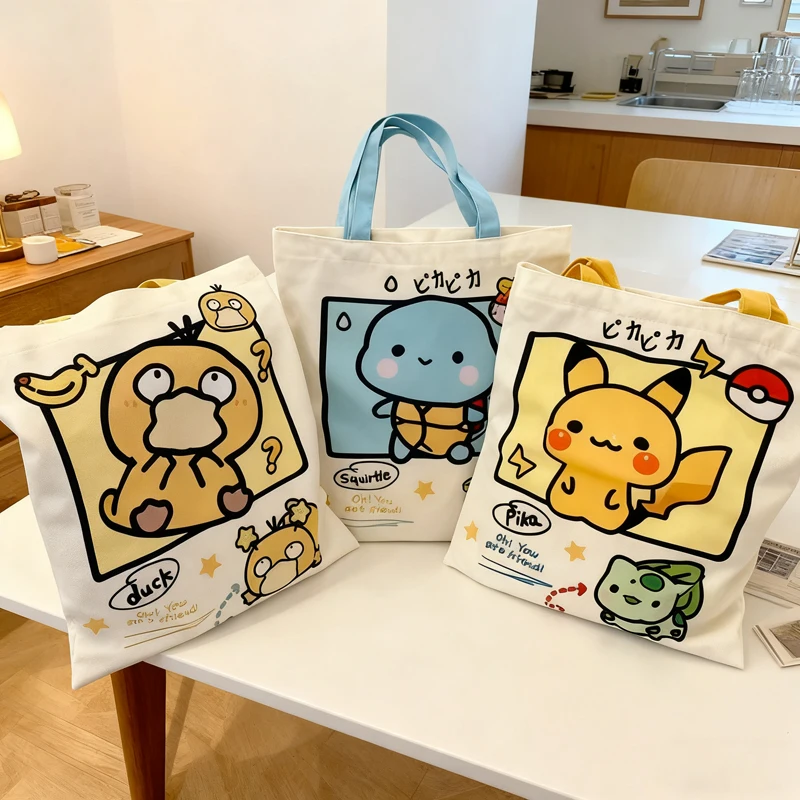 뜨거운 판매 포켓몬 피카추 캔버스 숄더백 Psyduck Squirtle 여성 캐주얼 핸드백 재사용 가능한 대용량 여성 쇼핑백