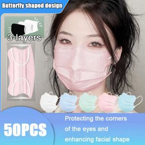 50pcs 통기성 나비 모양 디자인 일회용 페이스 마스크 V-페이스 모란디 컬러 안티 먼지 마스크 3 레이어 보호 페이스 커버