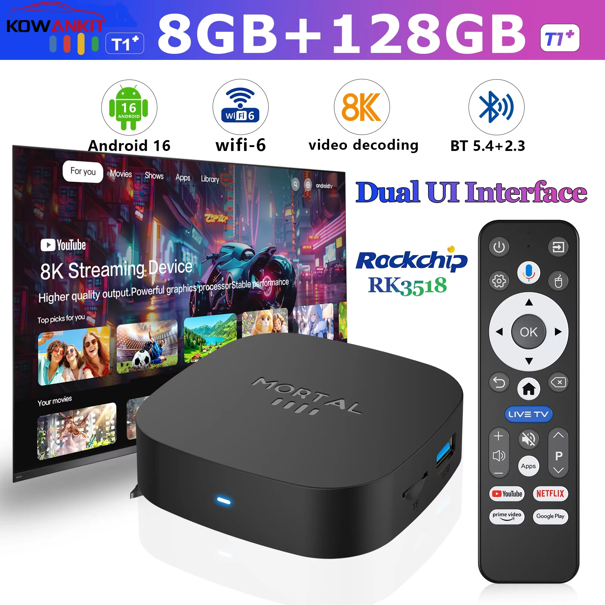 2026 새로운 안드로이드 TV 박스 T1+ Rockchip RK3518 안드로이드 16 8GB 램 128GB 롬 WiFi 6 BT 5.4 듀얼 UI 8K 울트라 HD 스마트 미디어 플레이어