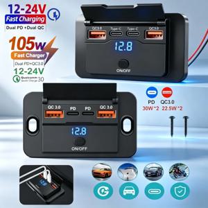 4포트 PD QC3.0 고속 차량용 충전기 어댑터(터치 스위치, 전압 표시 기능 포함) - 12V-24V 버스, 캠핑카, 보트, ATV용
