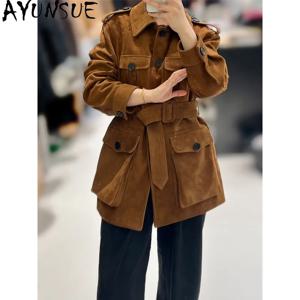 AYUNSUE 여성용 혼합 염소 가죽 코트 레트로 패션 스웨이드 트렌치 코트 중간 길이의 진짜 가죽 자켓 여성 의류 Ropa Mujer