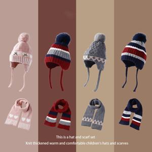 2026년 신제품 어린이 귀덮개 모자 스카프 세트 (여아/남아용) 스트라이프 컬러 겨울용 따뜻한 모자 스카프 어린이 야외 액세서리