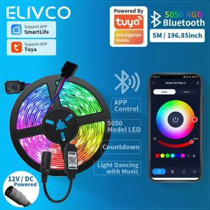 투야 스마트 라이프 LED 스트립, 블루투스 제어, DC12V, 5M, SMD 5050, 54개의 LED/미터, 유연한 형태의 조명 스트립, 데스크톱, 화면, TV 백라이트용.