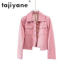 타지야네(TAJIYANE) 여성용 스프링 정품 가죽 재킷, 양가죽 코트, 빈티지 스타일의 여성용 카고 재킷, 짧은 길이의 아우터, 핑크색 가죽 재킷