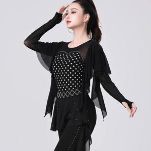 여성 댄스 의상 긴팔 메쉬 타이즈 폴카 도트 스퀘어 댄스 탑 봄 가을 신상품 공연 의상