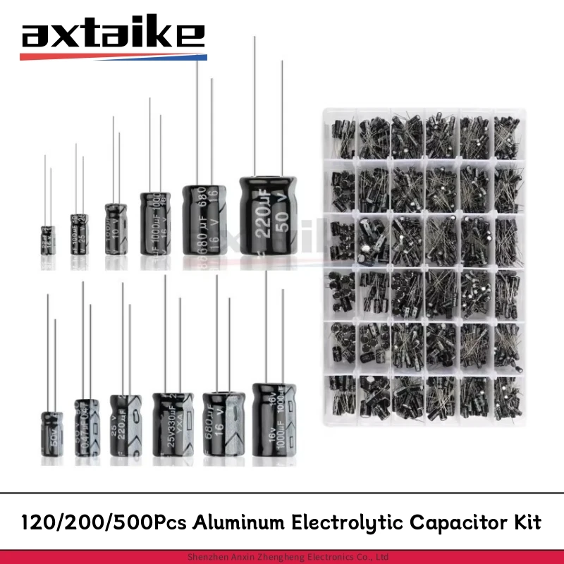 120/200/500Pcs 16V 25V 50V 0.1uF - 1000uF 알루미늄 전해 콘덴서 모듬 키트 박스 1uF 4.7uF 10uF 47uF 220uF 330uF 470uF