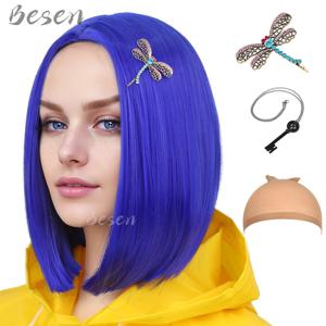 Coraline 의상 여성을위한 합성 진한 파란색 밥 가발 여자 여자 의상 가발 코스프레 할로윈 파티를위한 컬러 밥 가발