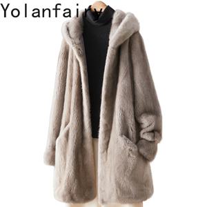 YOLANFAIRY 100% 리얼 밍크 퍼 재킷 여성 의류 가을 겨울 후드 천연 전체 밍크 퍼 코트 여성 중간 길이 퍼 코트