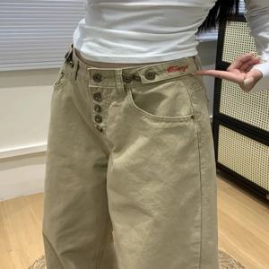 카키색 패치워크 작업 바지 남성용 루즈핏 조절 가능한 허리 벨트 자수 긴 바지 십대를 위한 트렌디한 캐주얼 청바지