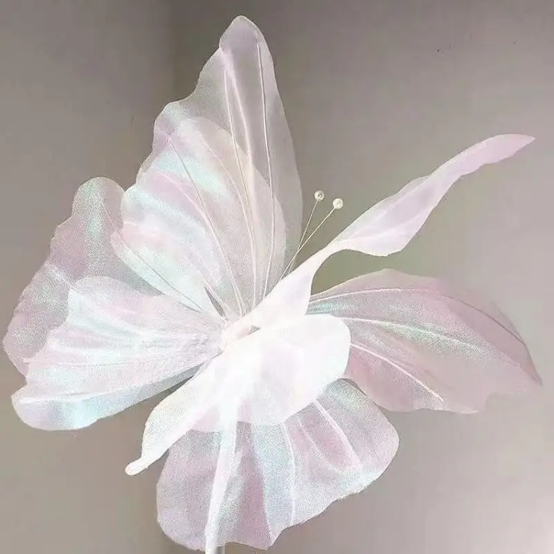 레이어드 3D 그라데이션 실크 나비 오간자 1개 50cm 웨이브 페탈 엣지 글리터 트림 (꽃꽂이, 가랜드, 홈데코용)
