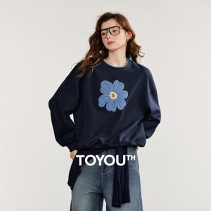 TOYOUTH 여성용 후드 티 스웨터 2026 가을 뉴 그린 벨벳 플라워 자수 라운드 넥 풀오버 코튼 탑