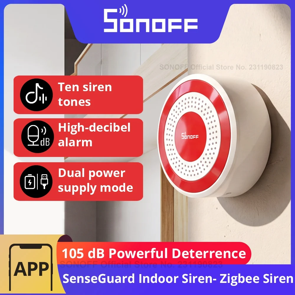 SONOFF SNZB-09P 지그비 센스가드 실내 사이렌 105dB 고음 알람 사운드 및 적색등 경고 USB 및 백업 배터리 이중 전원 공급