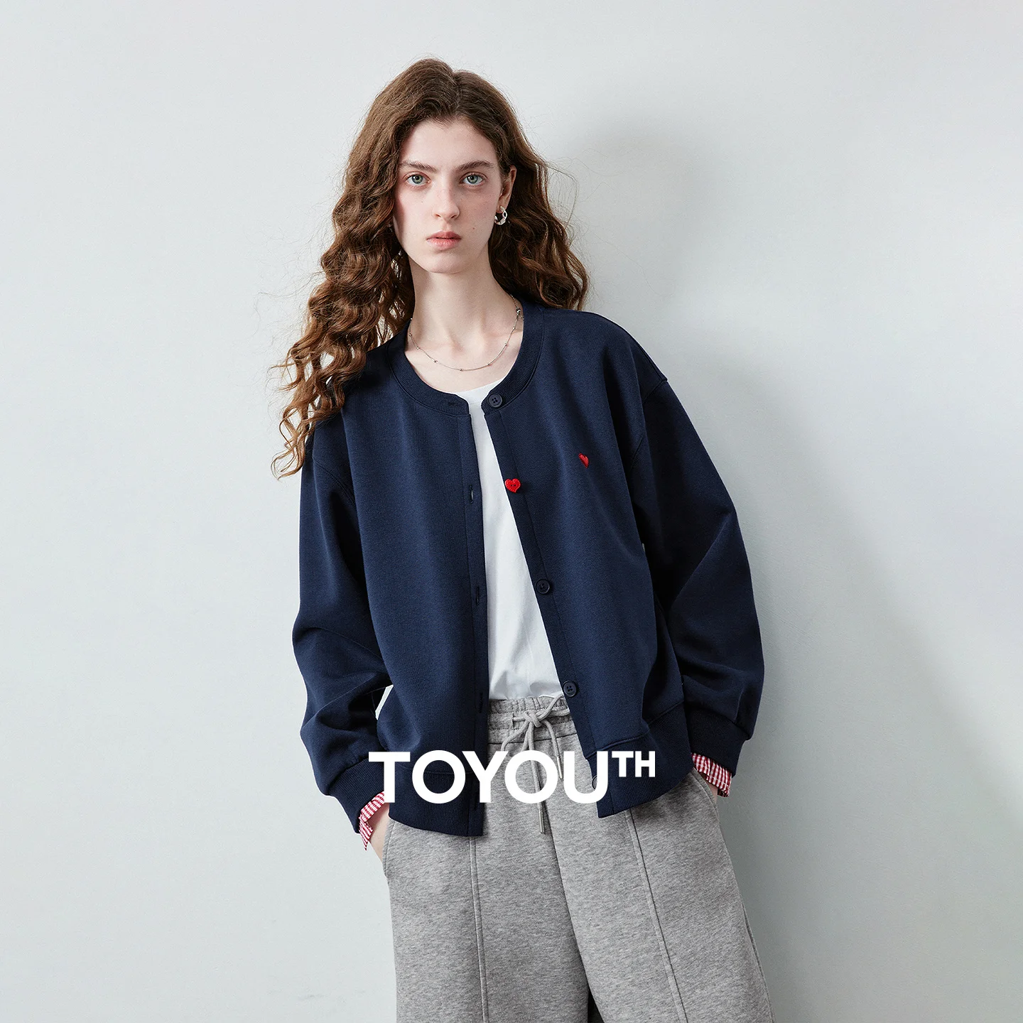 TOYOUTH 여성용 에어 코튼 스웨트셔츠 재킷 2026 가을 신상 체크 패치워크 하트 자수 대학 스타일