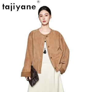 TAJIYANE 여성용 천연 가죽 재킷 염소가죽 스웨이드 크롭 재킷 빈티지 가죽 코트 라운드 넥 자케타 카키색