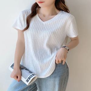 플러스 사이즈 여성용 티셔츠 여름 짧은 소매 루즈핏 배 가리기 300파운드 비즈니스 스타일 캐주얼 루즈핏 탑 포켓 포함