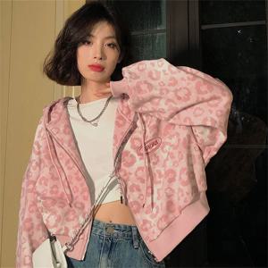 멋진 핑크 레오파드 프린트 까마귀 스웨터 여성 봄 가을 펑크 후드 탑 여성 아웃웨어 의류 지퍼 업 자르기 탑 소녀