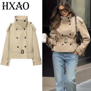 HXAO 크롭 카키 윈드 브레이커 여성 자켓 가을 패션 스탠드 칼라 긴 소매 트렌치 코트 더블 브레스트 벨트 아우터웨어