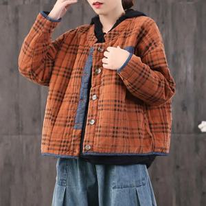 레트로 예술적 체크무늬 코튼 자켓 여성용 짧은 스타일 가을 겨울 코트 한국 버전 스탠드 칼라 싱글 버튼 클로저
