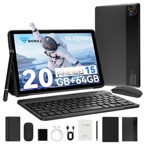 URAO 안드로이드 15 태블릿 10.1인치 20GB RAM 64GB ROM 5코어 듀얼 카메라 태블릿 PC 세트 키보드/케이스/마우스/스타일러스/헤드폰