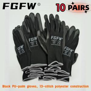 FGFW 10쌍 작업용 장갑 13게이지 블랙 폴리에스테르 PU 팜 EN388 3131 내마모성 및 찢어짐 방지 CE 인증