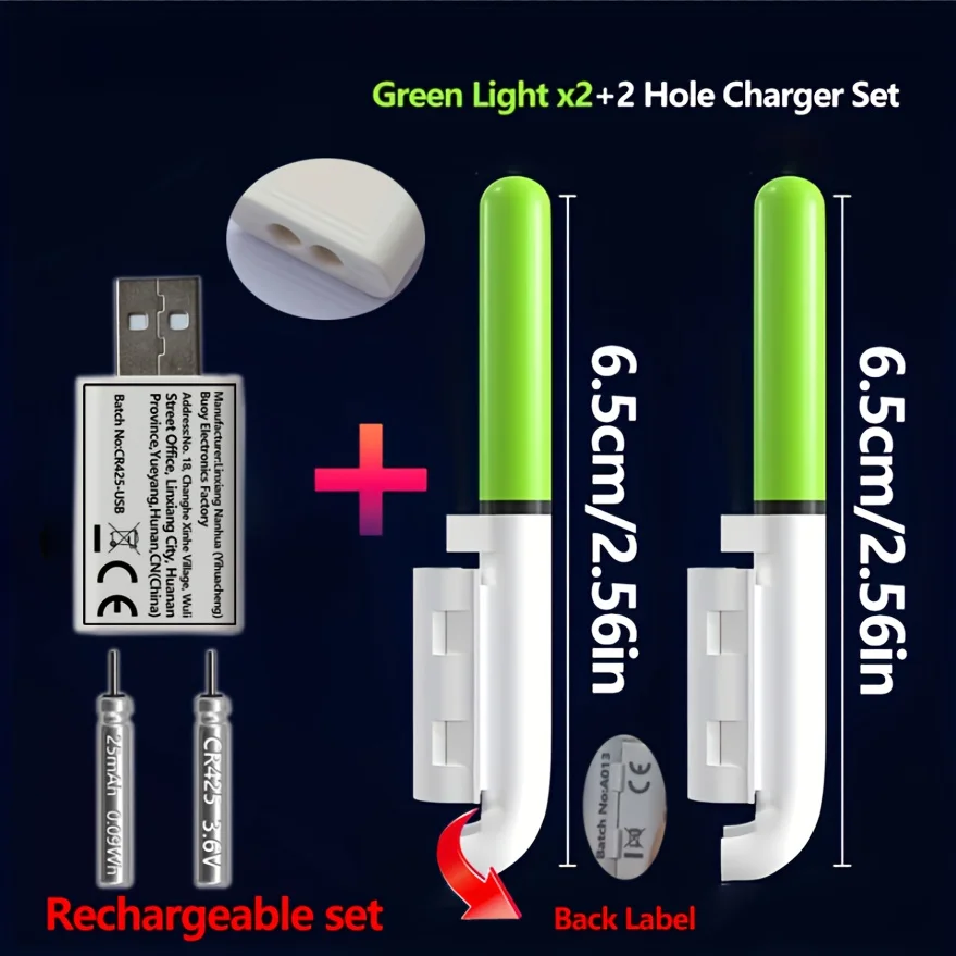 낚시 5종 세트(낚싯대 끝부분 조명 2개 + 충전식 CR425 배터리 2개 + 듀얼 포트 USB 충전기 1개) 충전식 입질 감지기