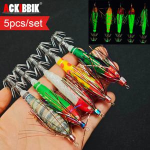 5개입 야광 가로형 오징어 지그 에기 세트 8.5cm 플래시 틴셀 나무 새우 루어 발광 문어 갑오징어 미끼 바다 낚시 용품