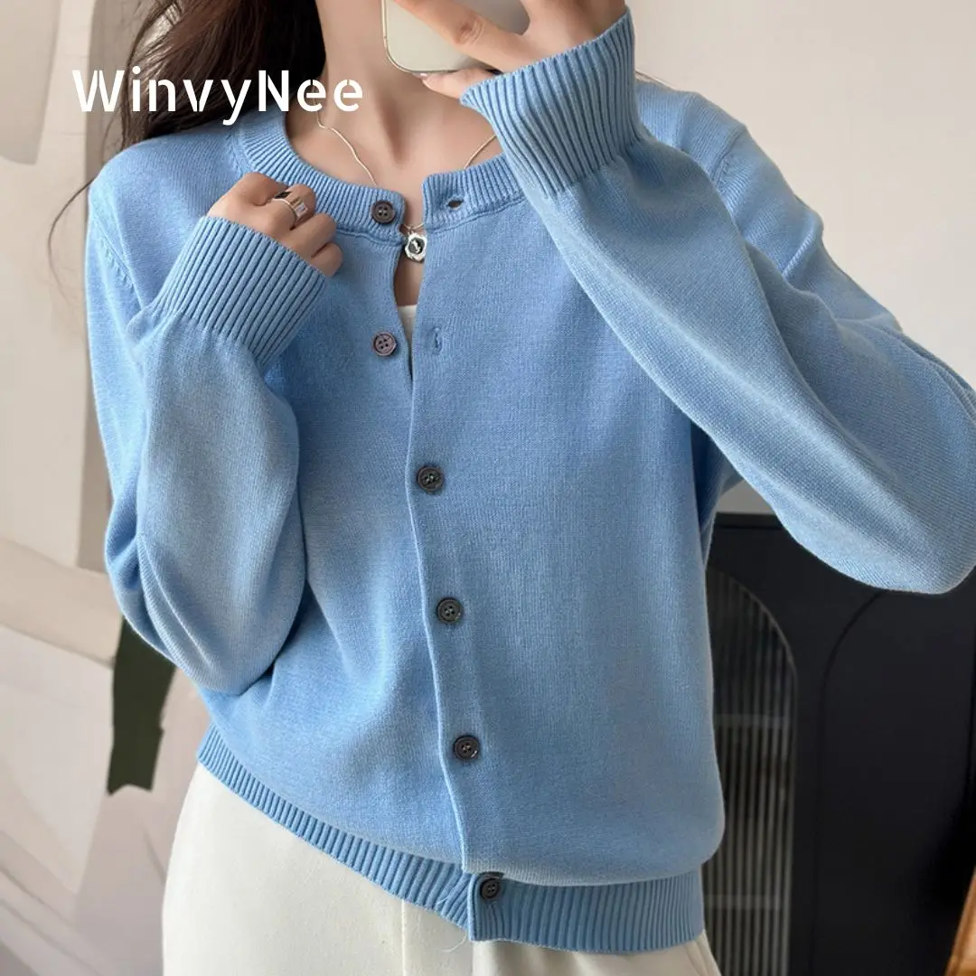 WinvyNee 여성용 100% 순수 코튼 여성 라운드 넥 가디건 패션 오피스 탑 캐주얼웨어 여성복 여행 데일리 ZA1002004