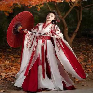 여성 Hanfu 세트 무거운 자수 웨이 진 스타일 고대 중국 와이드 슬리브 로브 화이트 레드 여성 검객 코스프레 의상