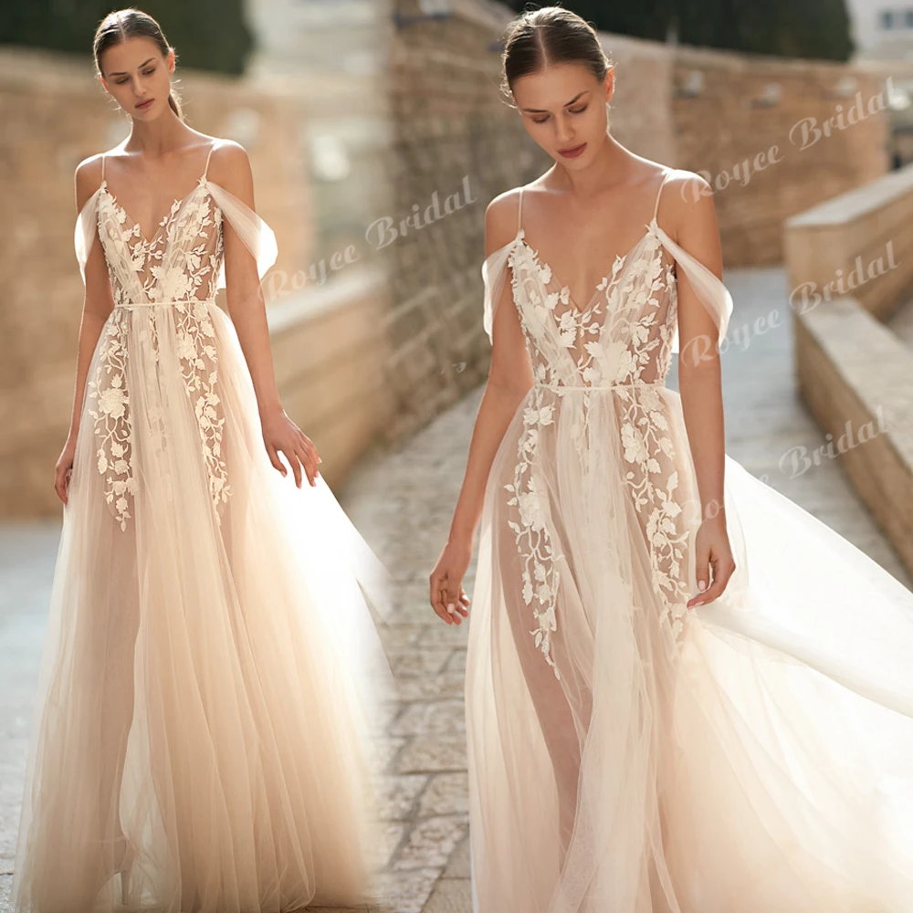우아한 V 넥 섹시한 A 라인 웨딩 드레스 2027 아플리케 오프 숄더 비치 신부 가운 맞춤형 vestido de novia
