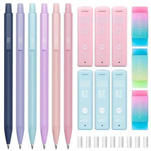 귀여운 기계식 연필 세트 6개 파스텔 색상 기계식 연필 0.5 0.7mm 120개 HB 심 3개 지우개 9개 지우개 리필 예쁜 학용품