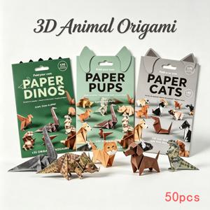 3D 동물 종이접기 세트 50개 - 고양이, 강아지, 공룡 접기, DIY 종이 공예 세트, 수제 데스크탑 교육용 장난감, 선물