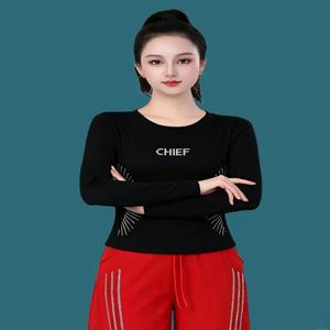 세련된 스퀘어 댄스 탑 여성용 라운드 넥 반짝이는 다이아몬드 긴 소매 슬리밍 스포티 댄스 팀 유니폼 베이스 셔츠